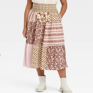 4X‎ Plus Size Cotton Skirt High-Rise Tiered Midi A-line Multicolor Printed NEW